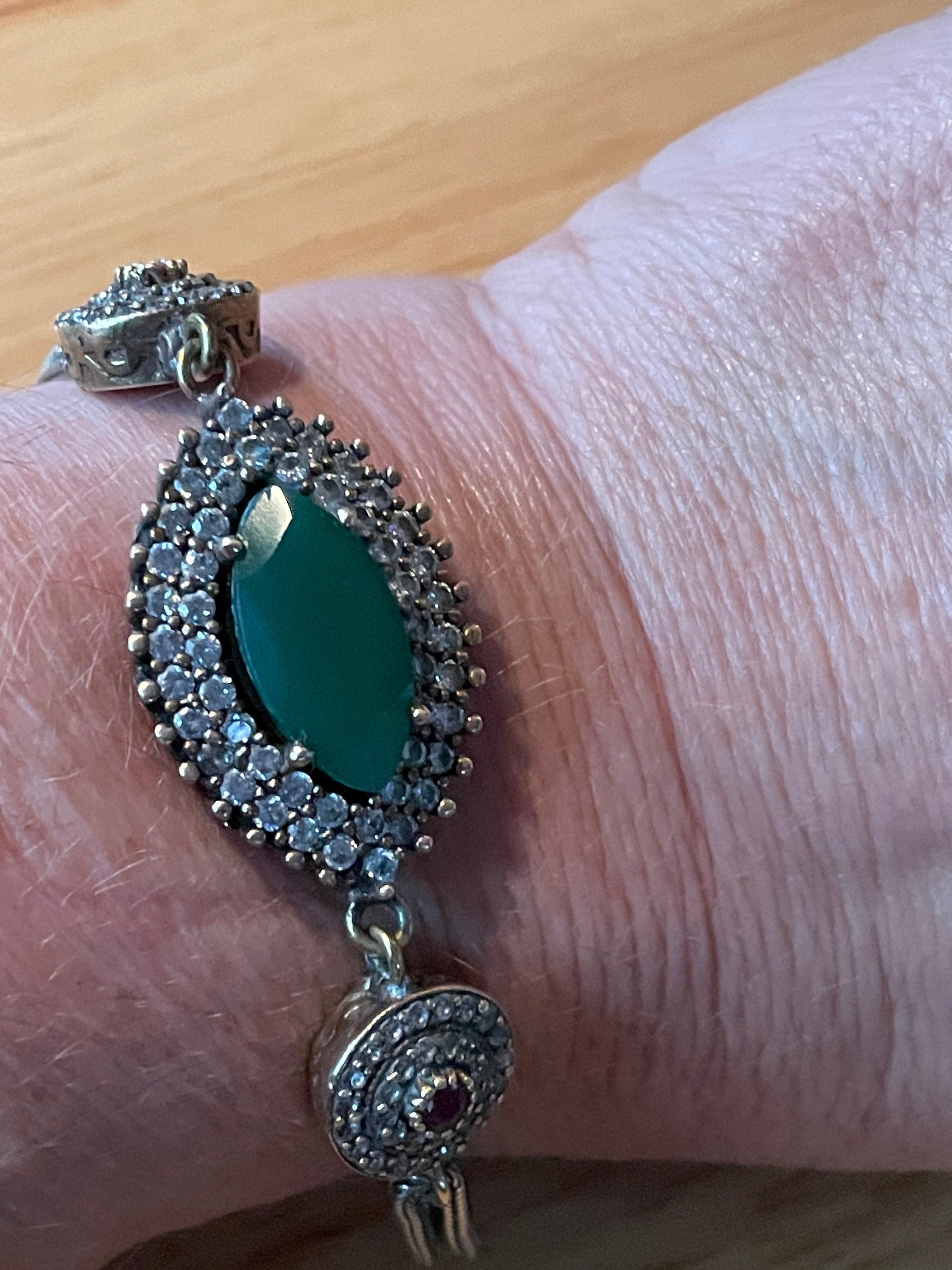 Beautiful Sterling Silver Turkish Flower Bracelet with Emerald and Ruby Stones