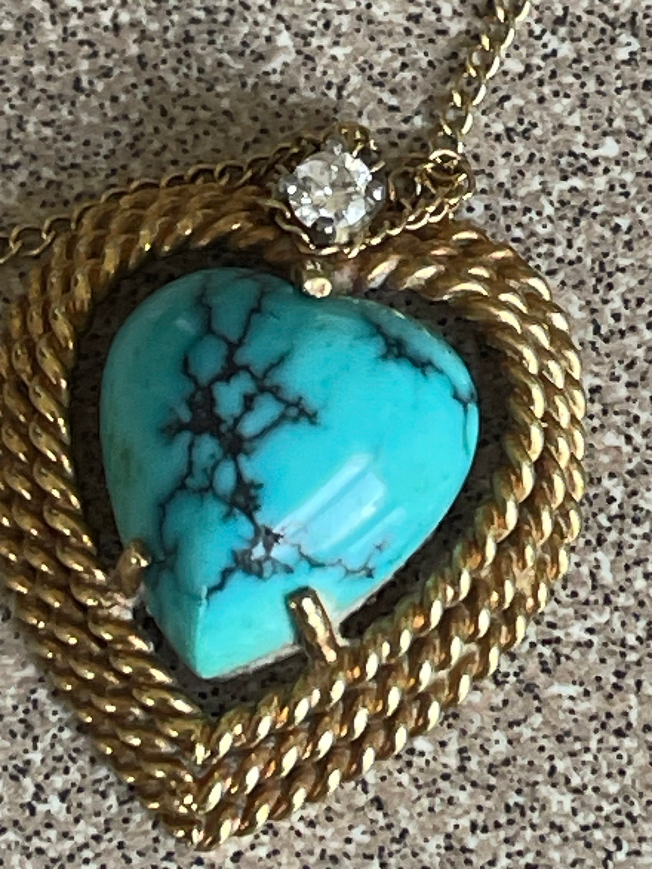 Beautiful Artist Signed 18k Gold Diamond Turquoise Heart Pendant Necklace with 14k Gold Chain