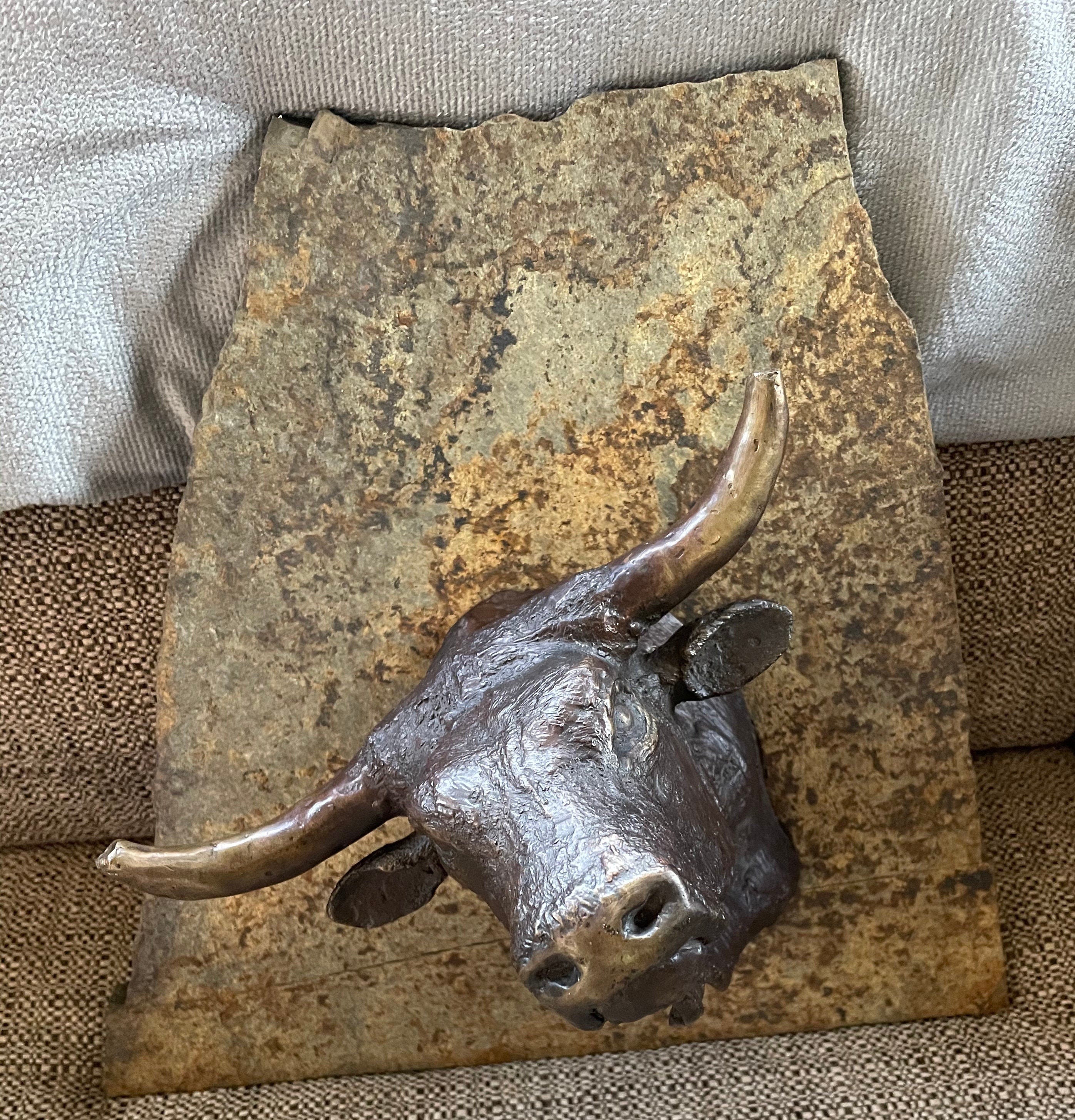 Vintage Artist Designed Solid Bronze Bull Head Attached to Slate Tile