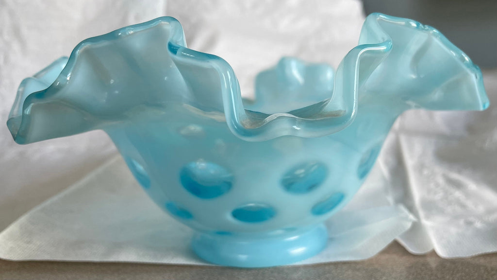 Vintage Baby Blue Fenton Coin Dot Ruffle Bowl Glassware