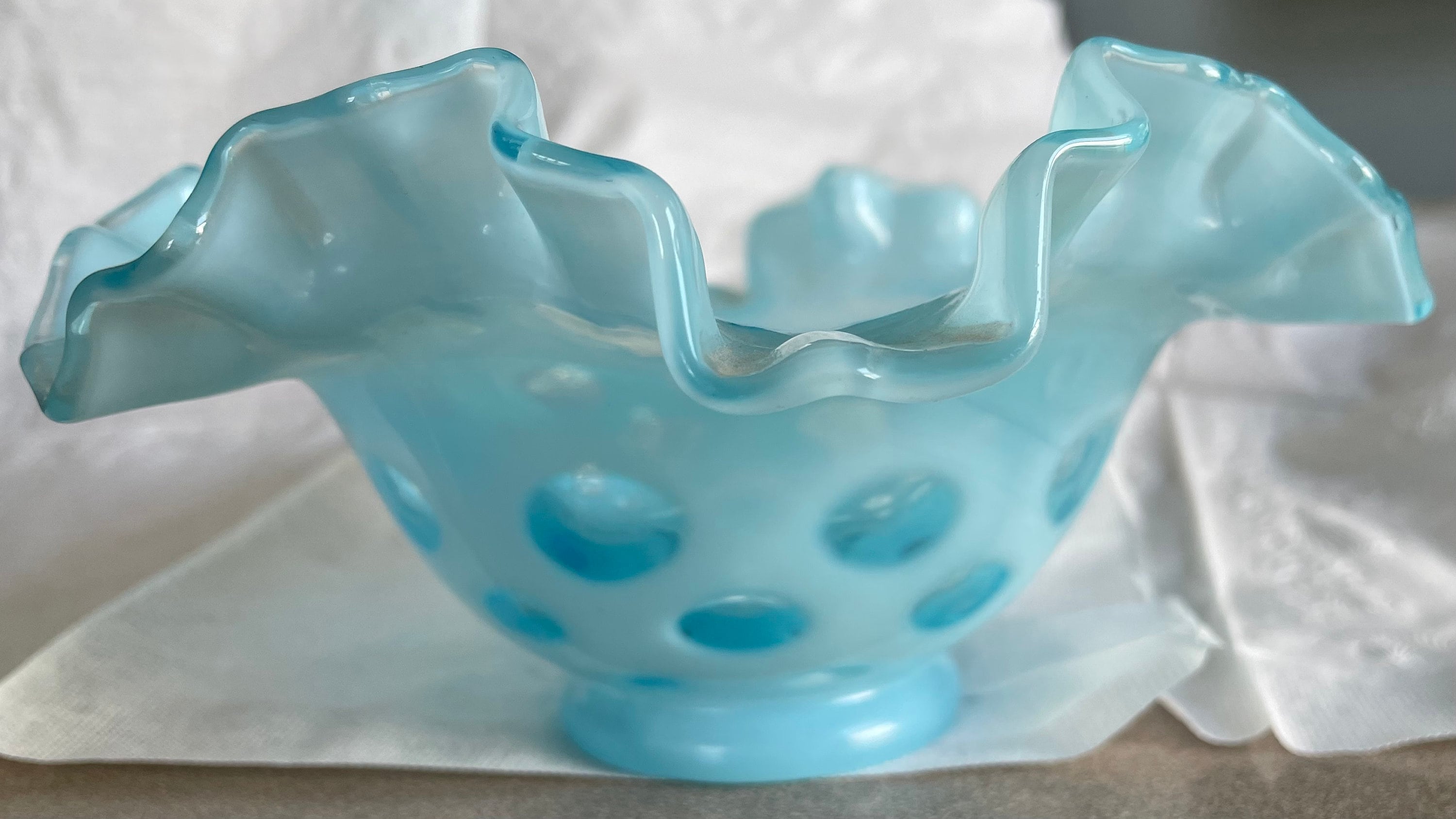 Vintage Baby Blue Fenton Coin Dot Ruffle Bowl Glassware