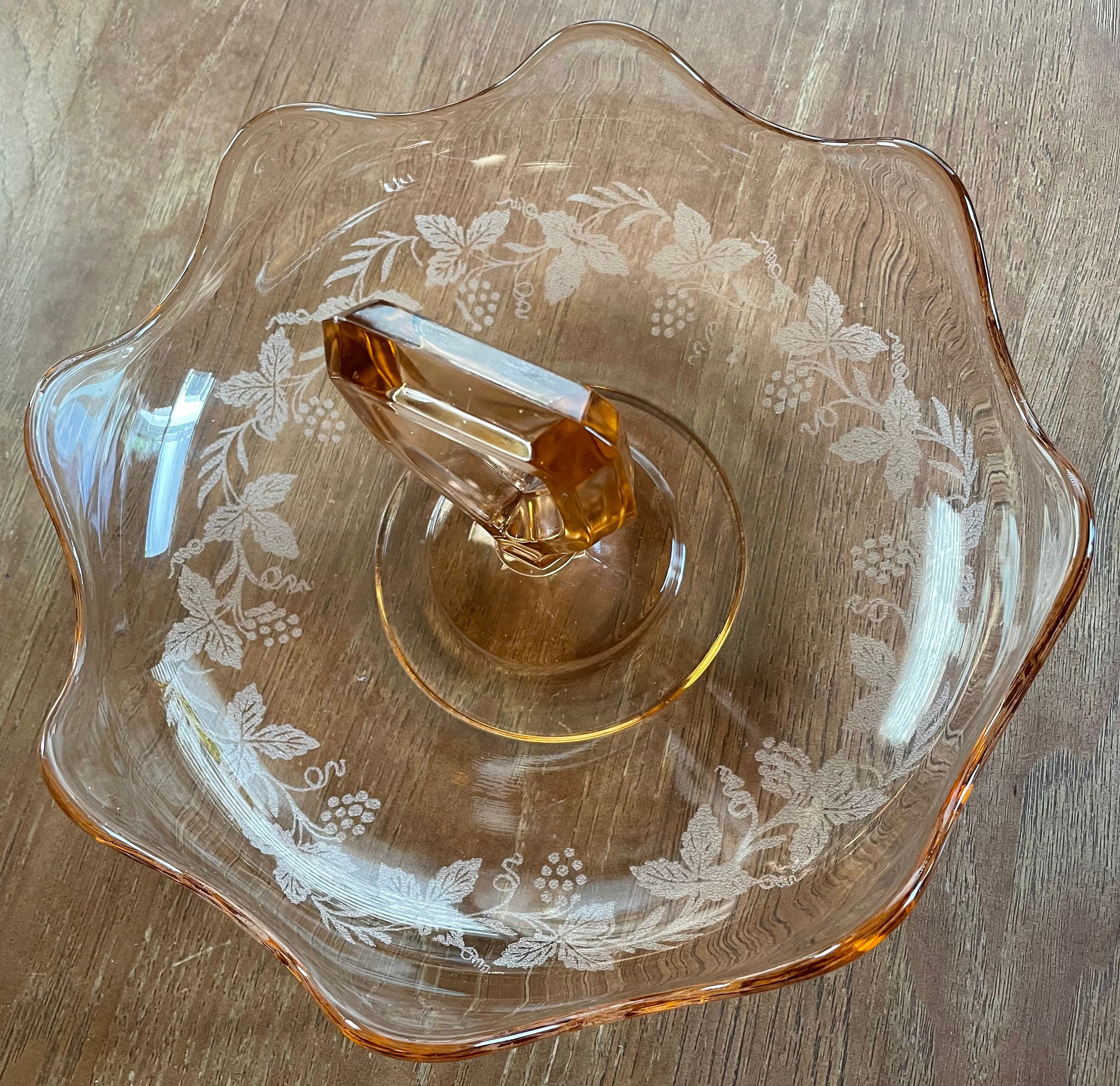 Beautiful Etched Pink Depression Glass Nut Dish with Grape Pattern and Handle