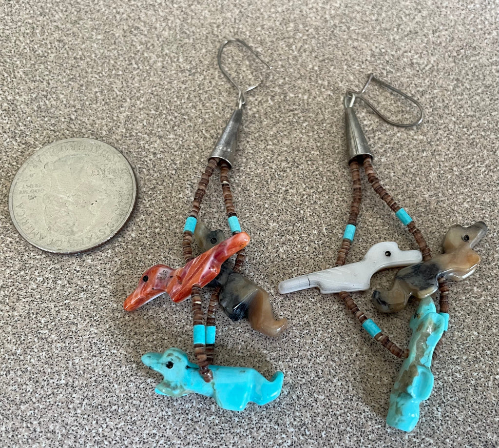 Vintage Sterling Silver Beaded Abalone Carved Birds Fetish Dangle Earrings