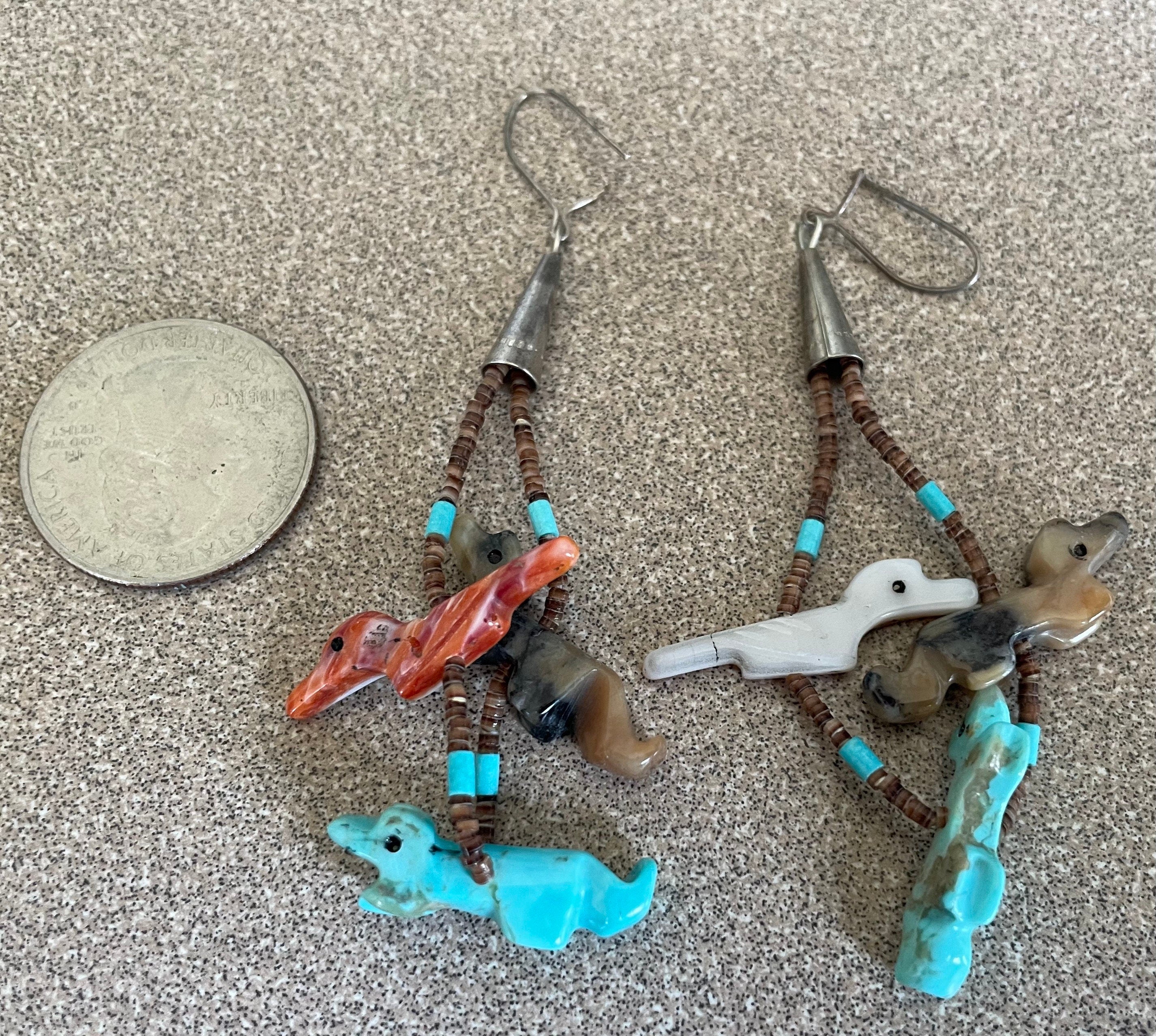 Vintage Sterling Silver Beaded Abalone Carved Birds Fetish Dangle Earrings