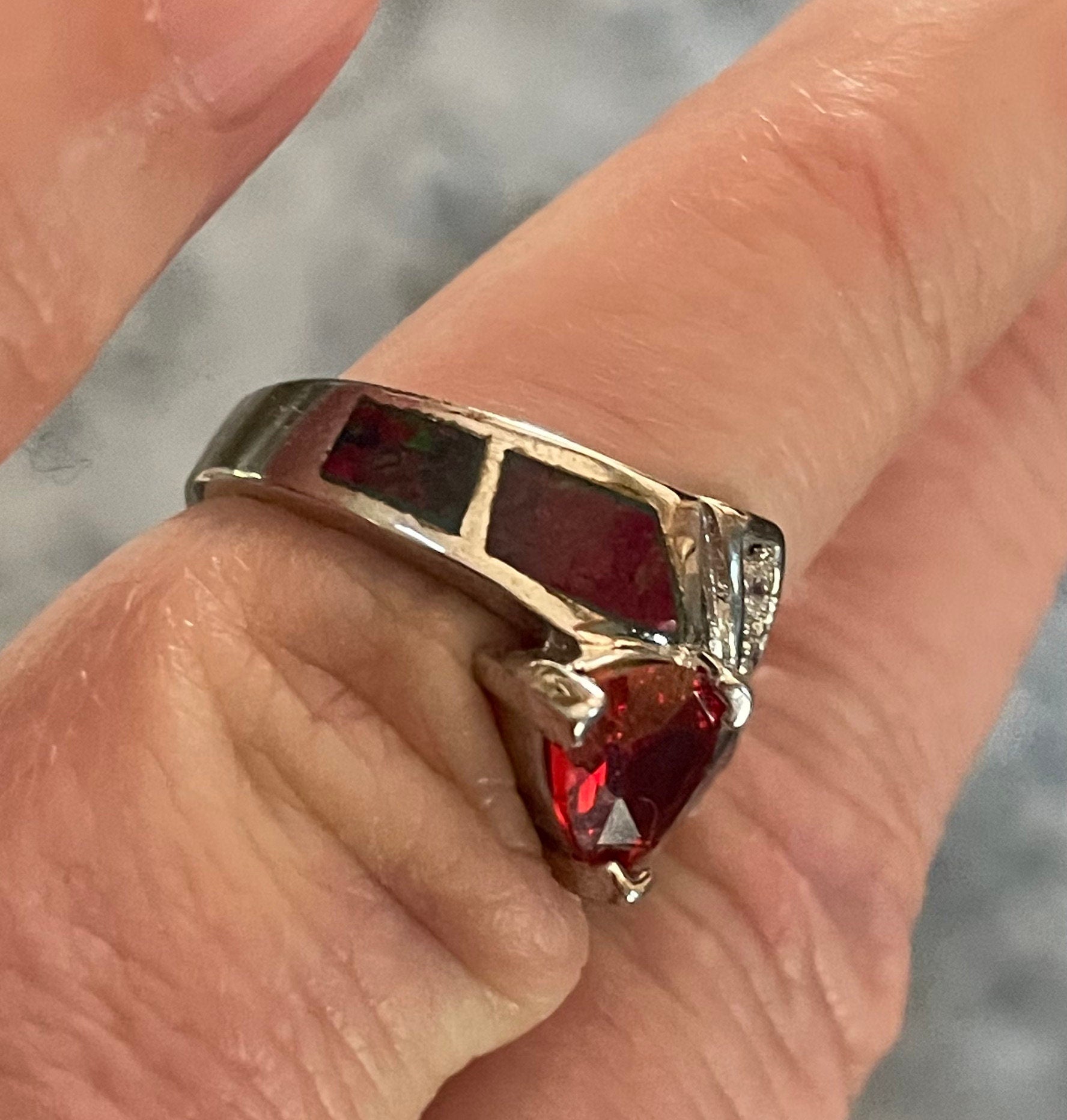 Vintage Sterling Silver Garnet Faux Opal and Clear Topaz Ring Size 6