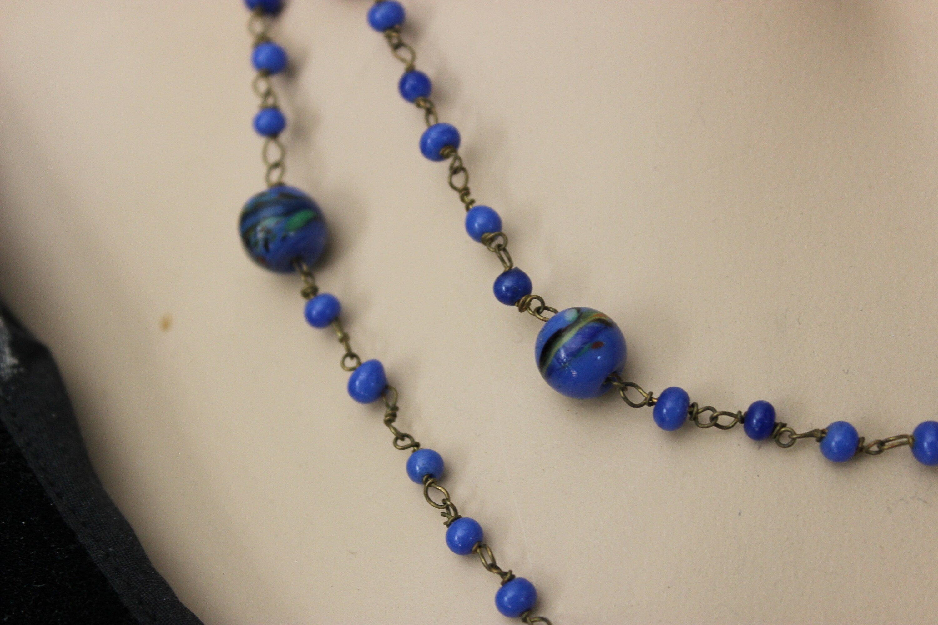 Vintage Cobalt Blue Color Venetian Millefiori Necklace Murano Glass Italian