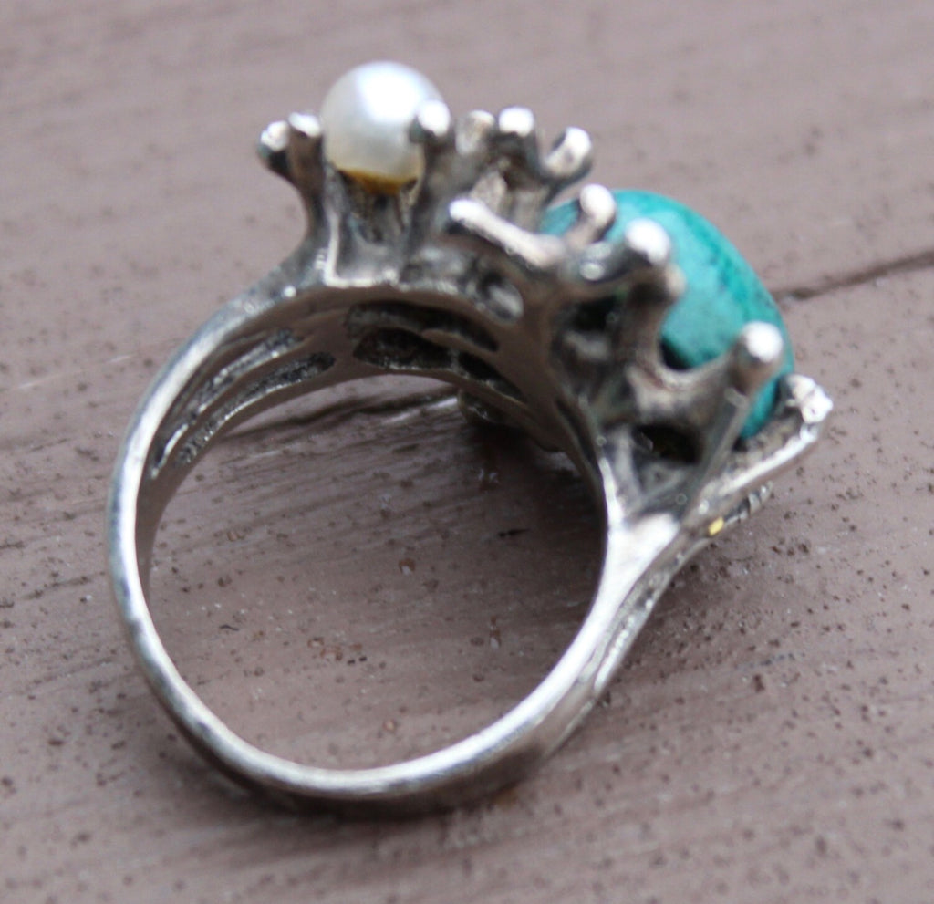 Vintage Custom Made Sterling Silver Turquoise with 2 White Pearls Ring Size 5