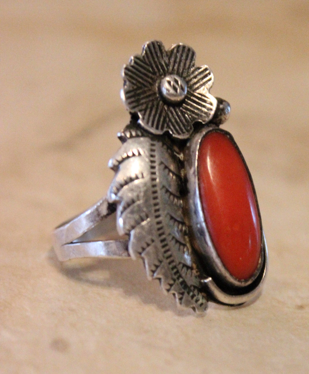 Handmade Native American Sterling Silver and Coral Ring Size 6 1/2