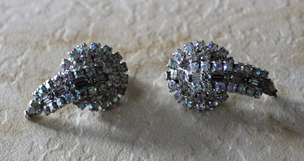 Stunning Antique Clear Rhinestone Signed Hobe Clip Earrings