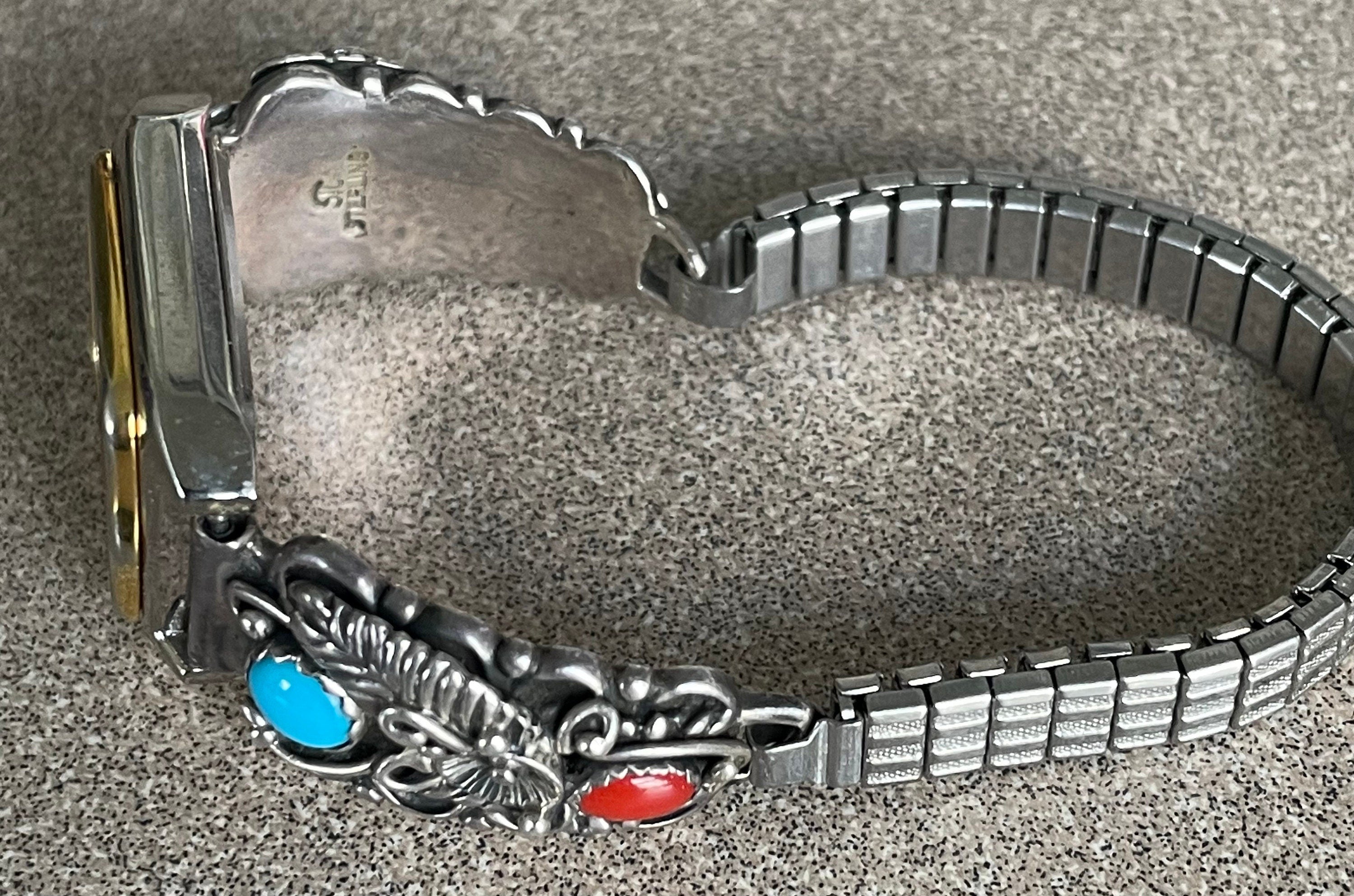 Vintage Artist Signed Native American Sterling Silver Watch Band And Watch Turquoise and Coral Stones