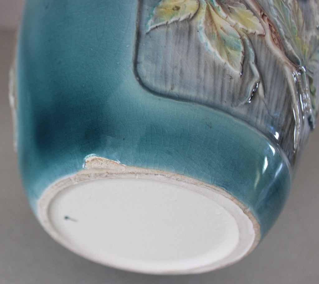 Rare Vintage Antique Large Bird Cockatoo Parrot & Dogwood Majolica Vase 2 Sided
