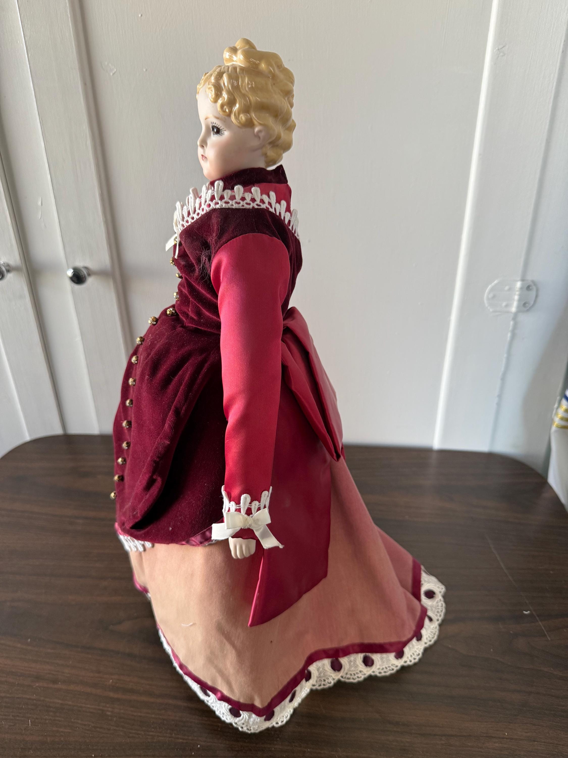 Antique 21" German Parian China Head doll Reproduction with Handmade Ruby Velvet and  Lace Dress Brown Glass Eyes