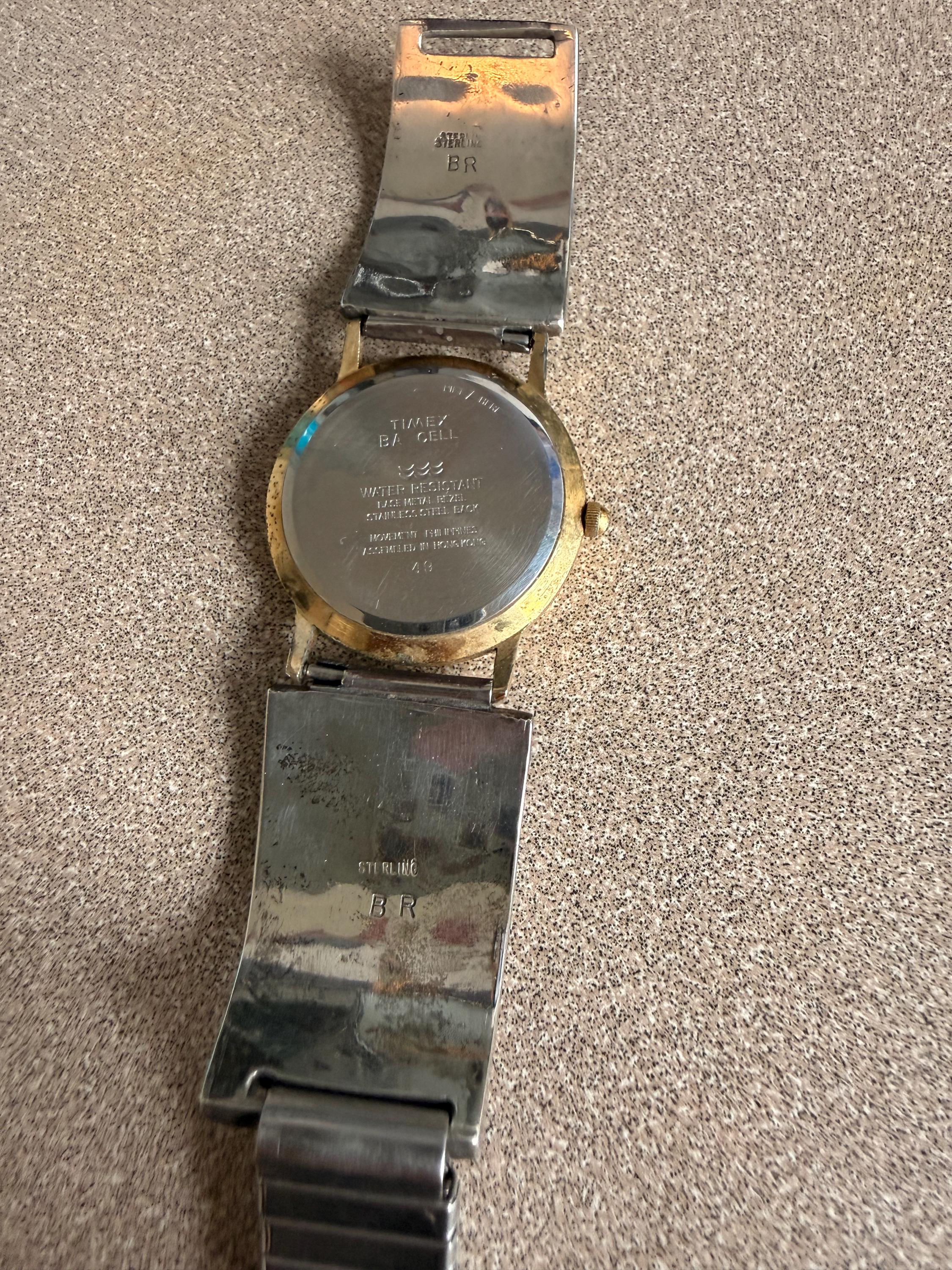 Vintage Artist Stamped BR Native American Sterling Silver Mother of Pearl Watch Band with Vintage Timex Watch