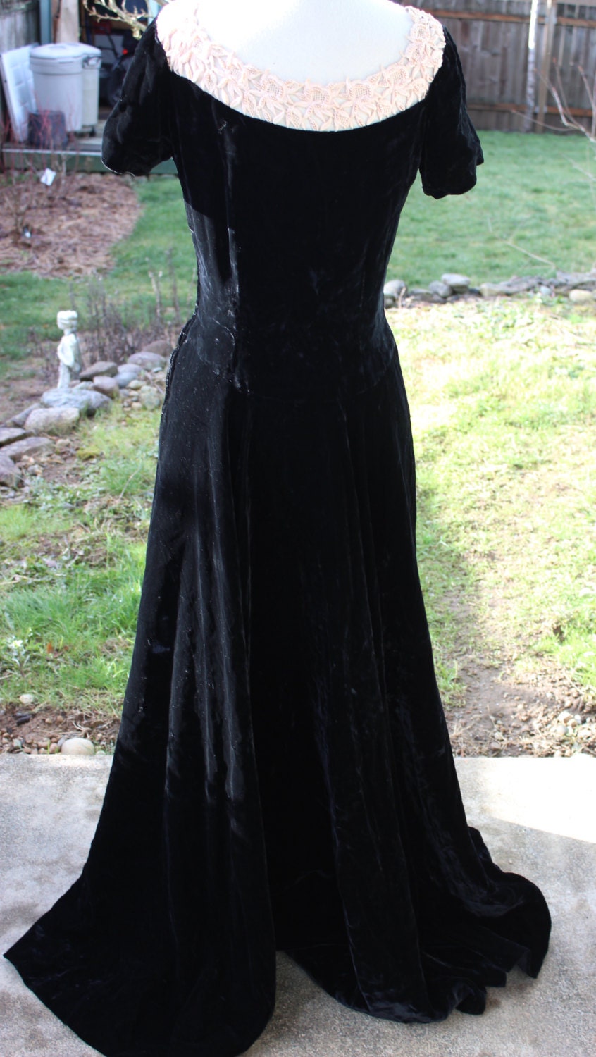 Genuine 1960's Black Velvet Maxi Dress with Lace and Pearls