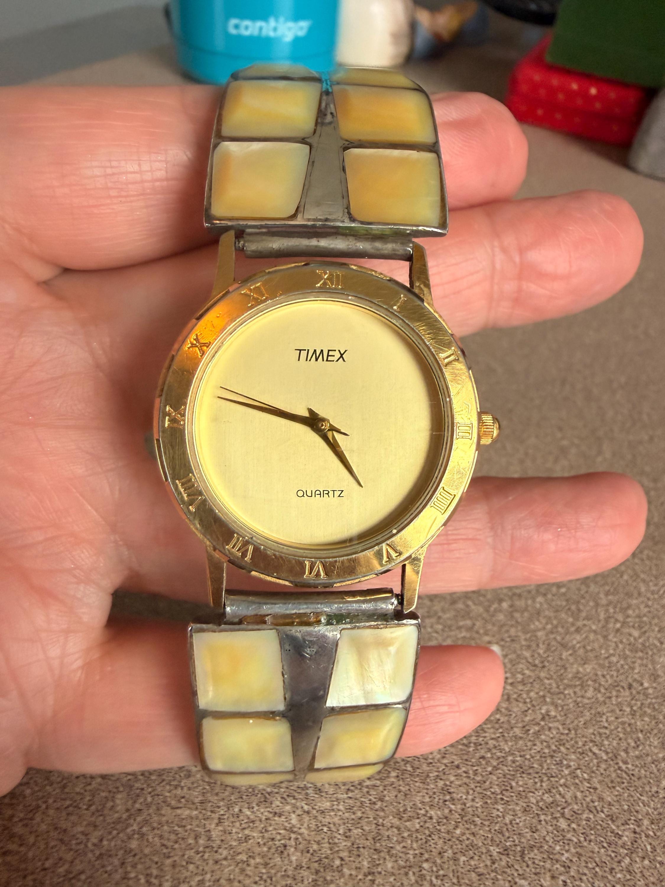 Vintage Artist Stamped BR Native American Sterling Silver Mother of Pearl Watch Band with Vintage Timex Watch