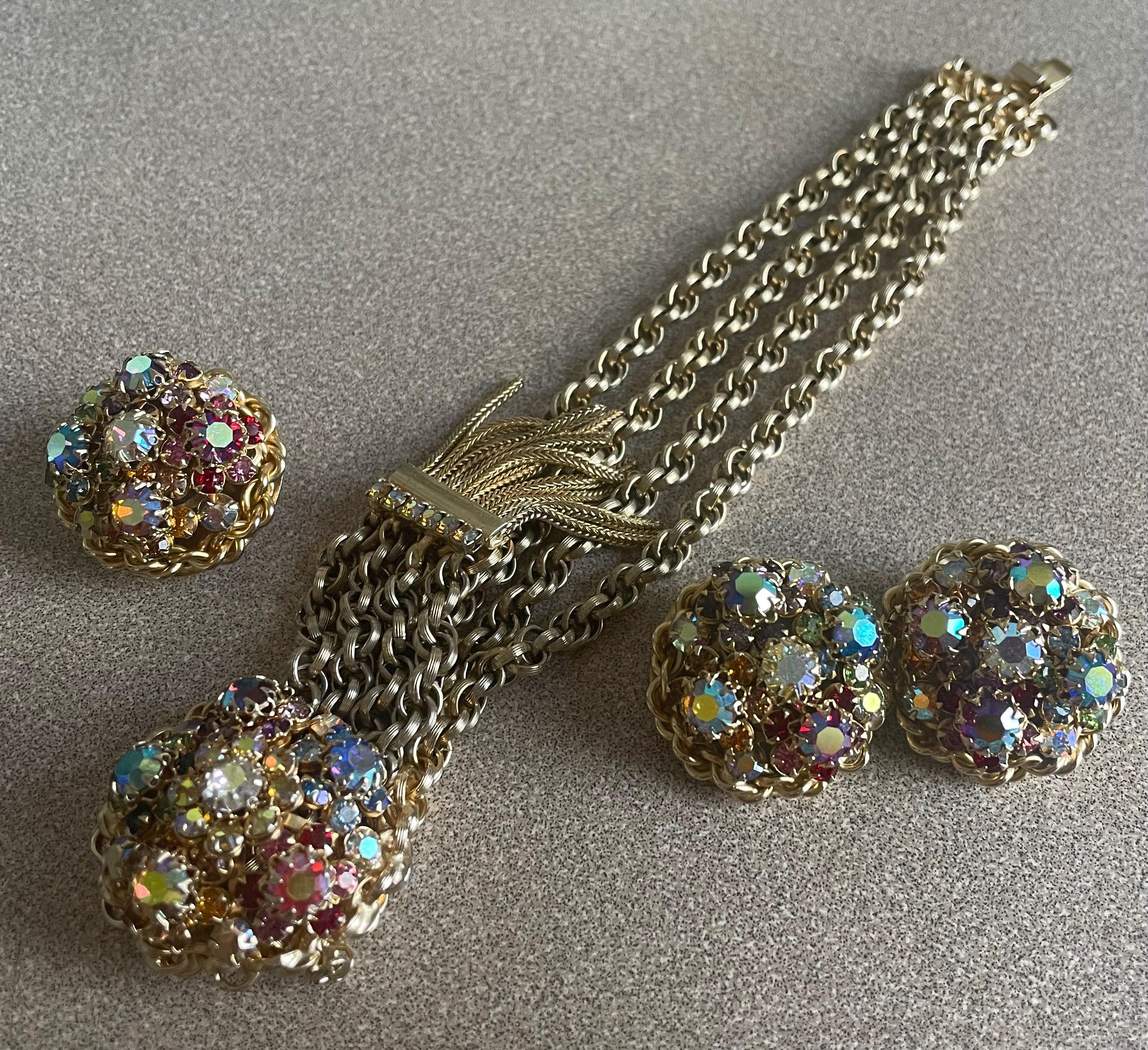 Stunning Rare Vintage Schiaparelli Bracelet Scarf Clip and Earrings Set With Aurora Borealis Stones Watermelon Colors