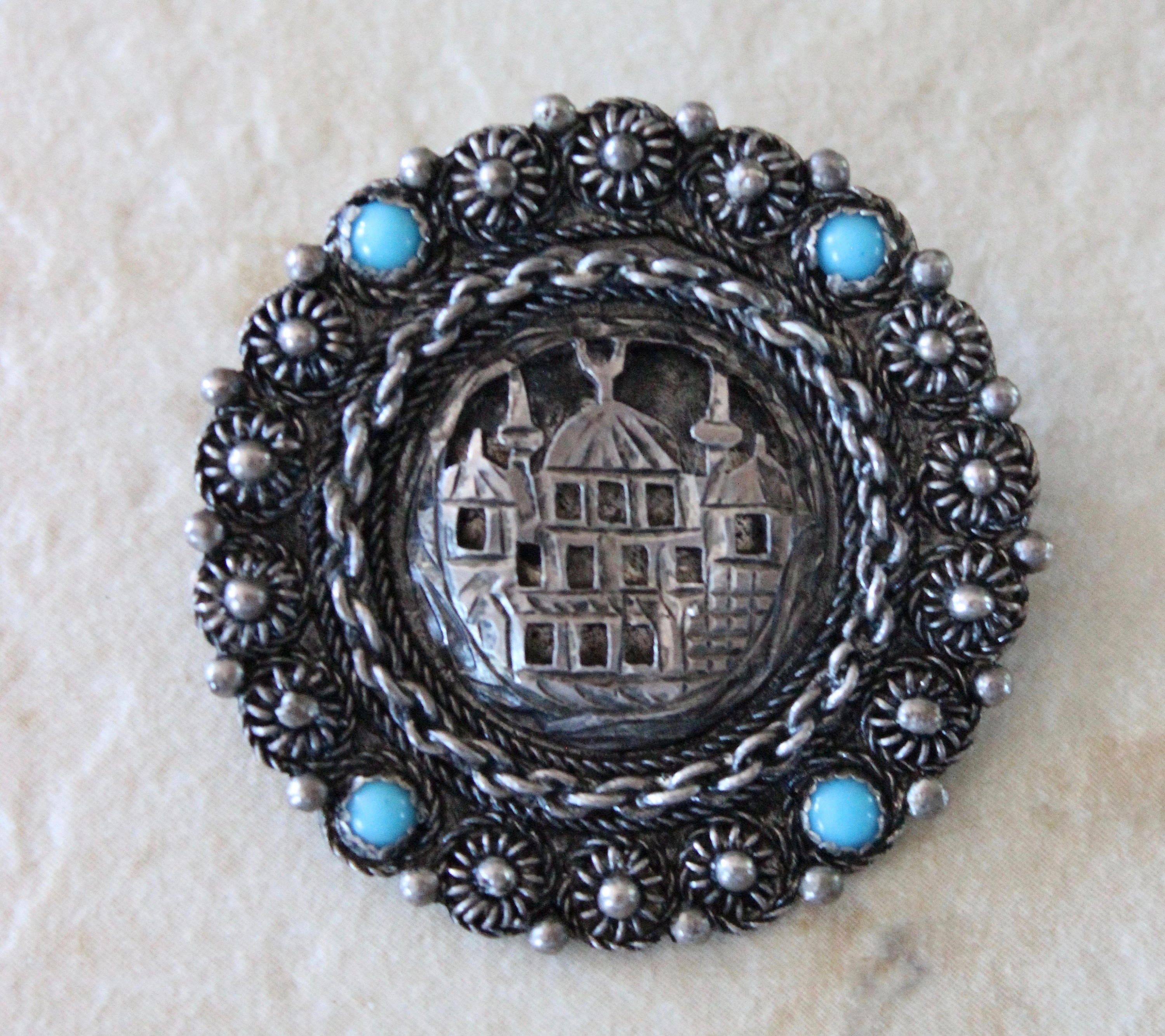 Vintage KETE 900 Sterling Silver Brooch Pin with Turquoise Stones
