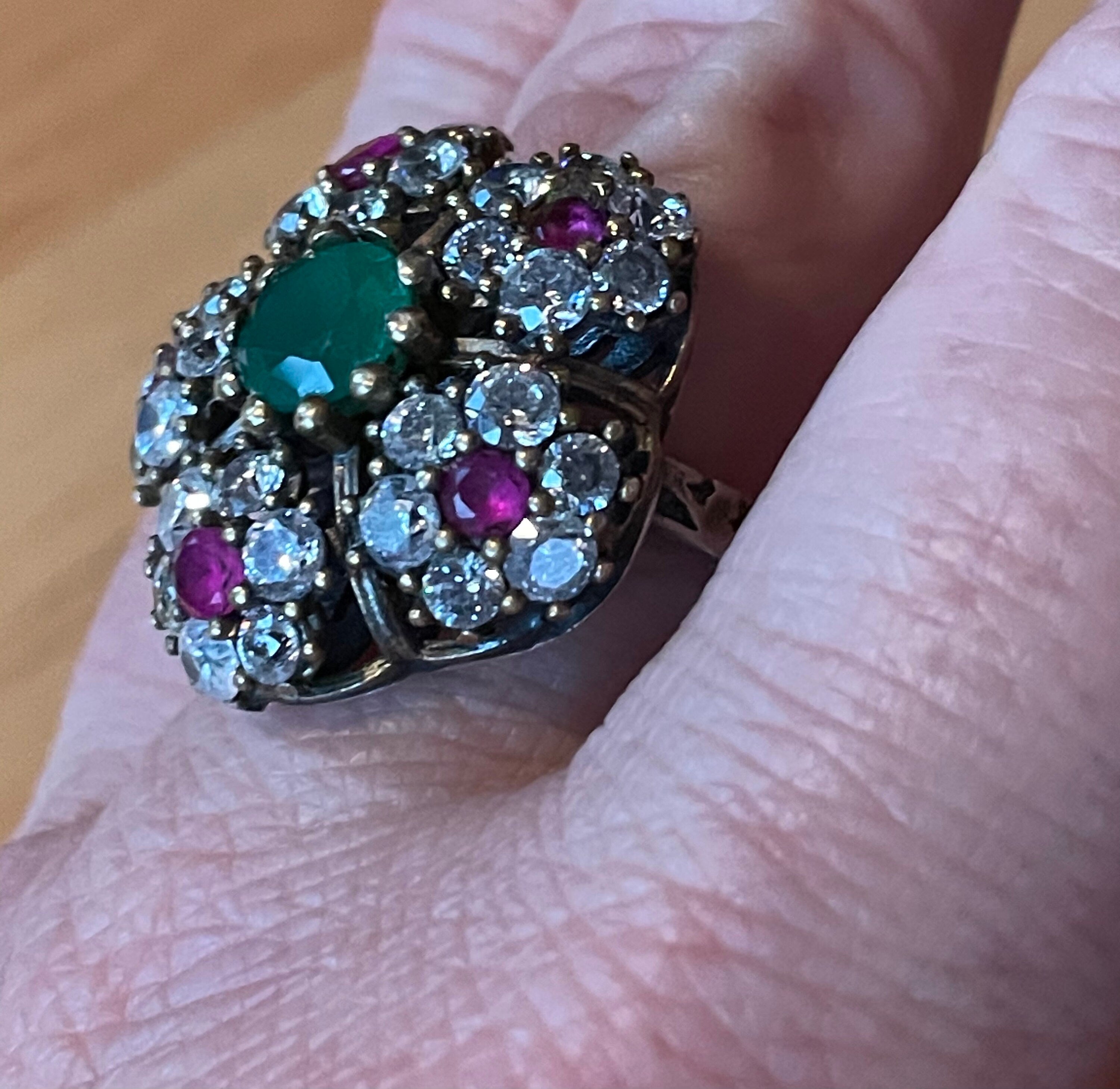 Large Stunning Turkish Sterling Silver Emerald Ruby and Clear Topaz Stone Ring Size 8 1/2