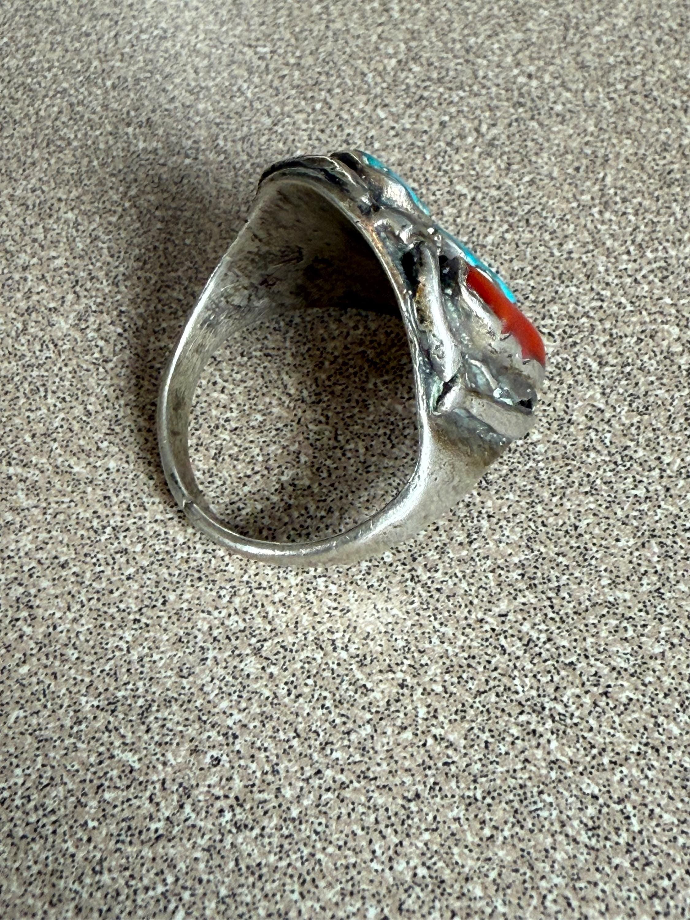 Vintage Mens or Ladies Large Native American Turquoise and Coral Sterling Ring Size 12
