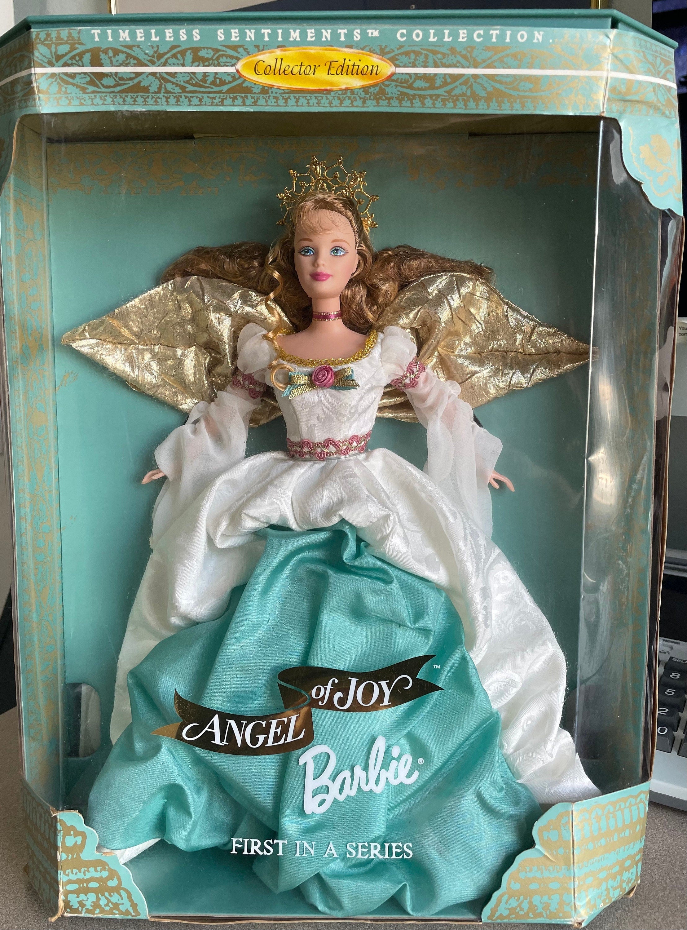 Vintage 1998 Collector Edition "Angel Of Joy" Barbie Doll First in a Series Turquoise Dress with Gold Wings
