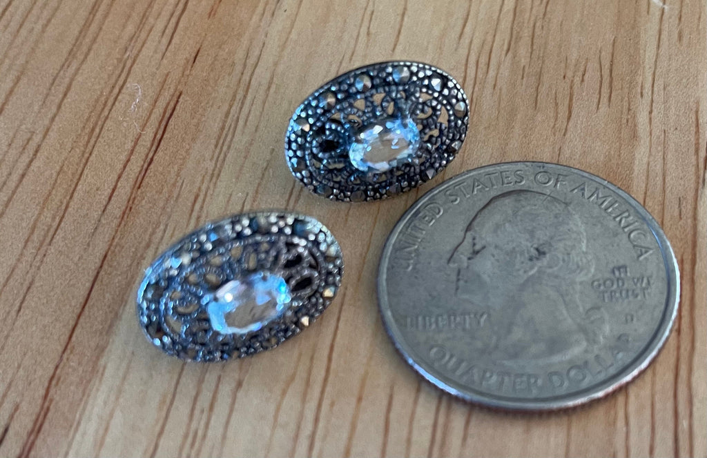 Sterling Silver Marcasite and Aquamarine Stone Post Earrings Artist signed JC