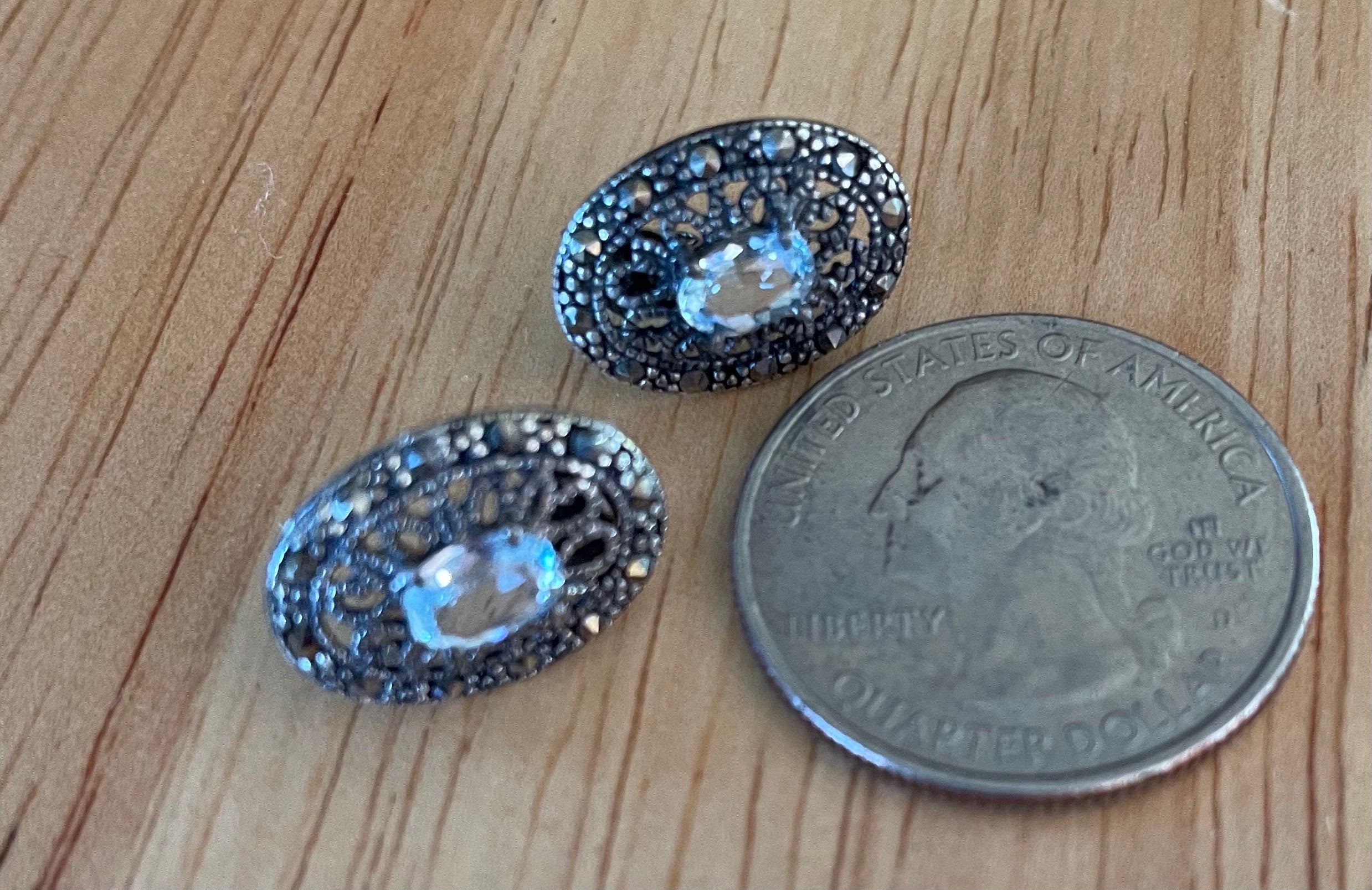 Sterling Silver Marcasite and Aquamarine Stone Post Earrings Artist signed JC