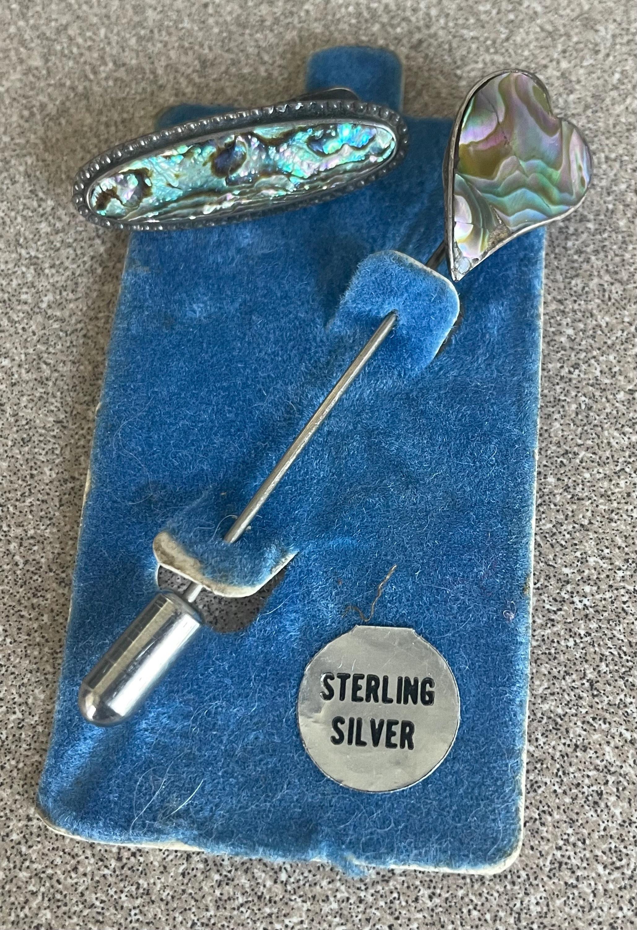 Unique Antique Sterling Silver with Heart Shaped Abalone Hat Pin and Oval  Clip