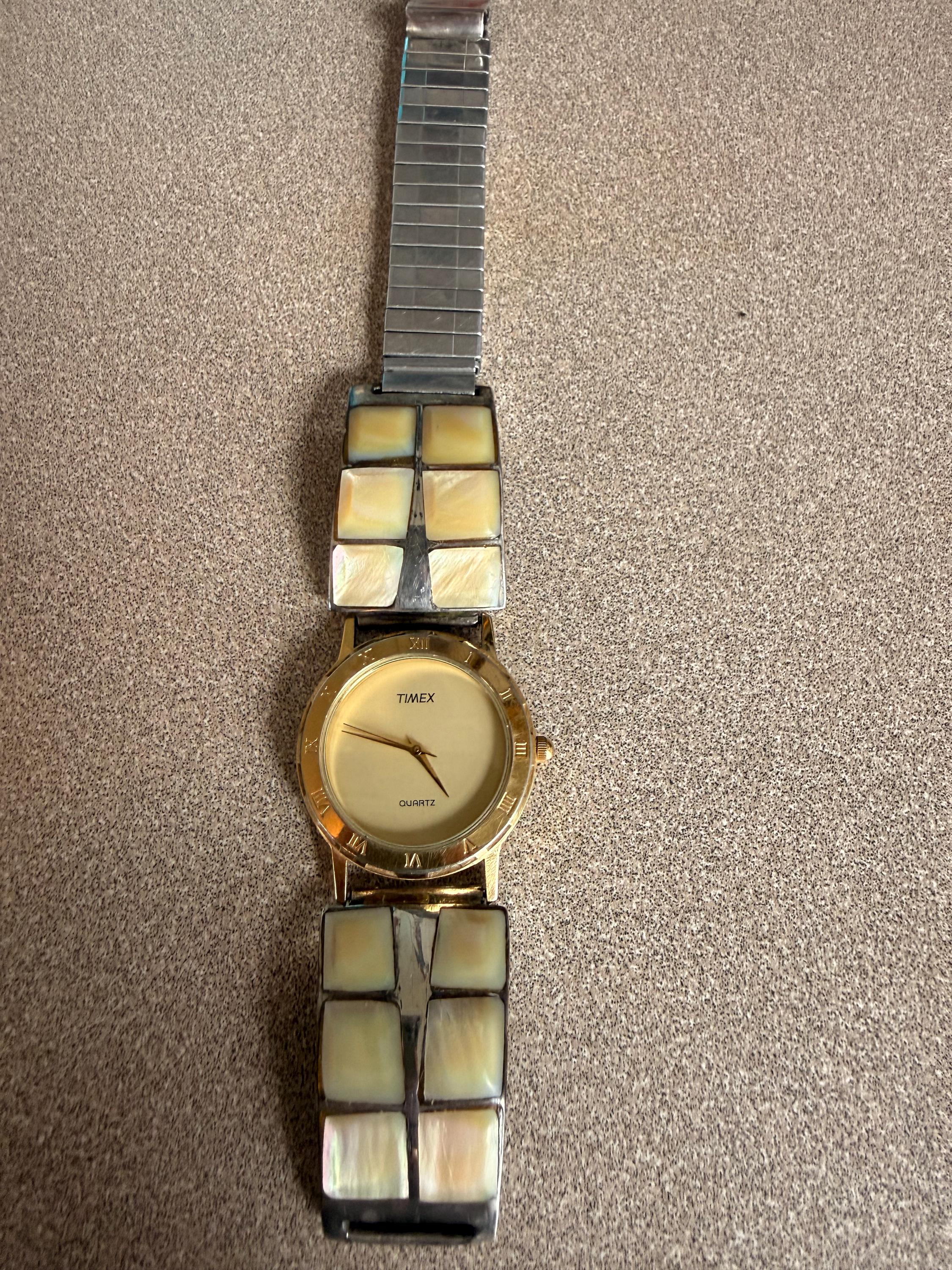 Vintage Artist Stamped BR Native American Sterling Silver Mother of Pearl Watch Band with Vintage Timex Watch