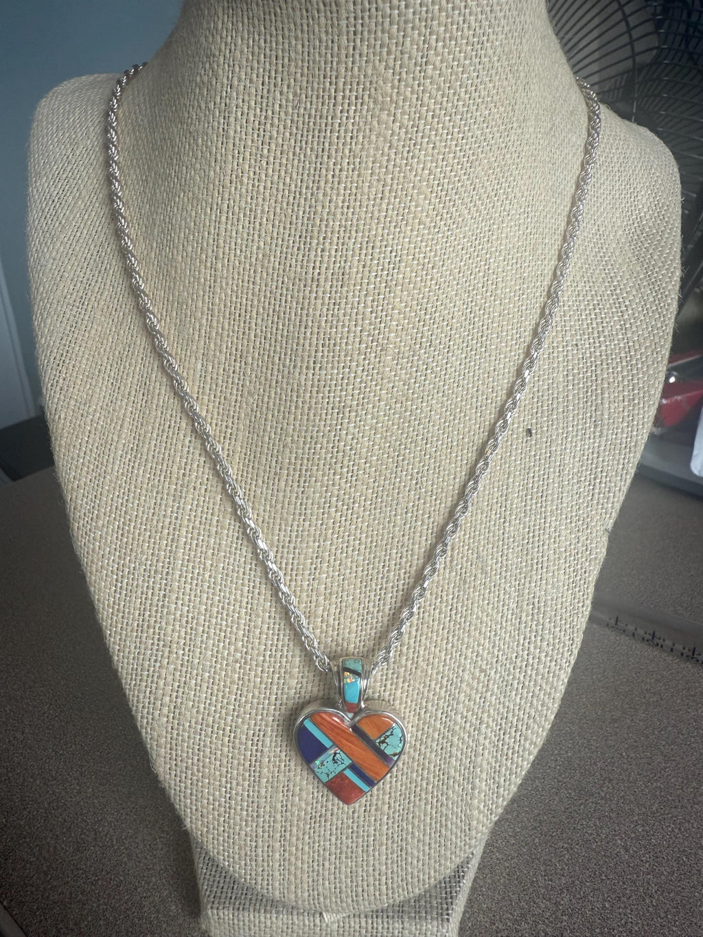 Unique Vintage Native American Turquoise Spiny Oyster Sterling Silver Double Sided Heart Pendant Necklace Signed