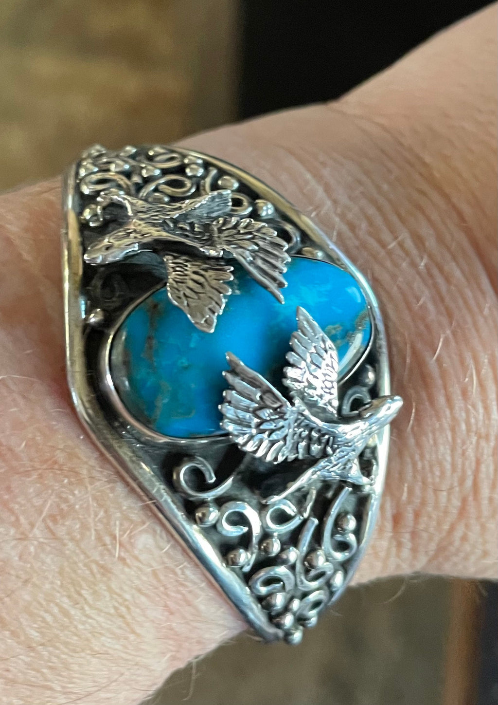Native American Turquoise and Sterling Silver Cuff Bracelet Artist Signed With Eagles