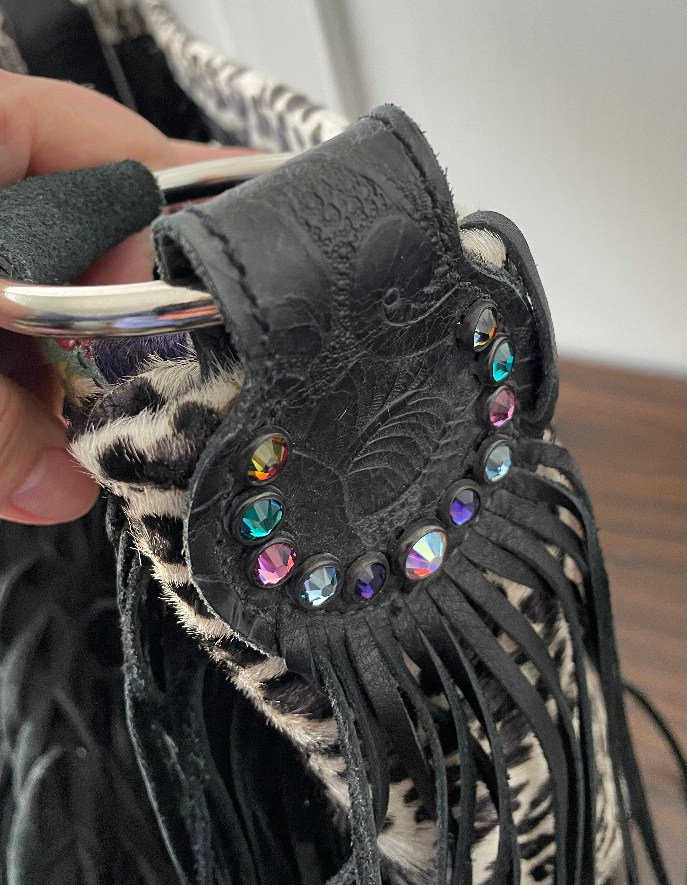 Vintage Custom Made Western Purse Tote Genuine Leather and Horse Hair Fringe Rowdy Rose HTF