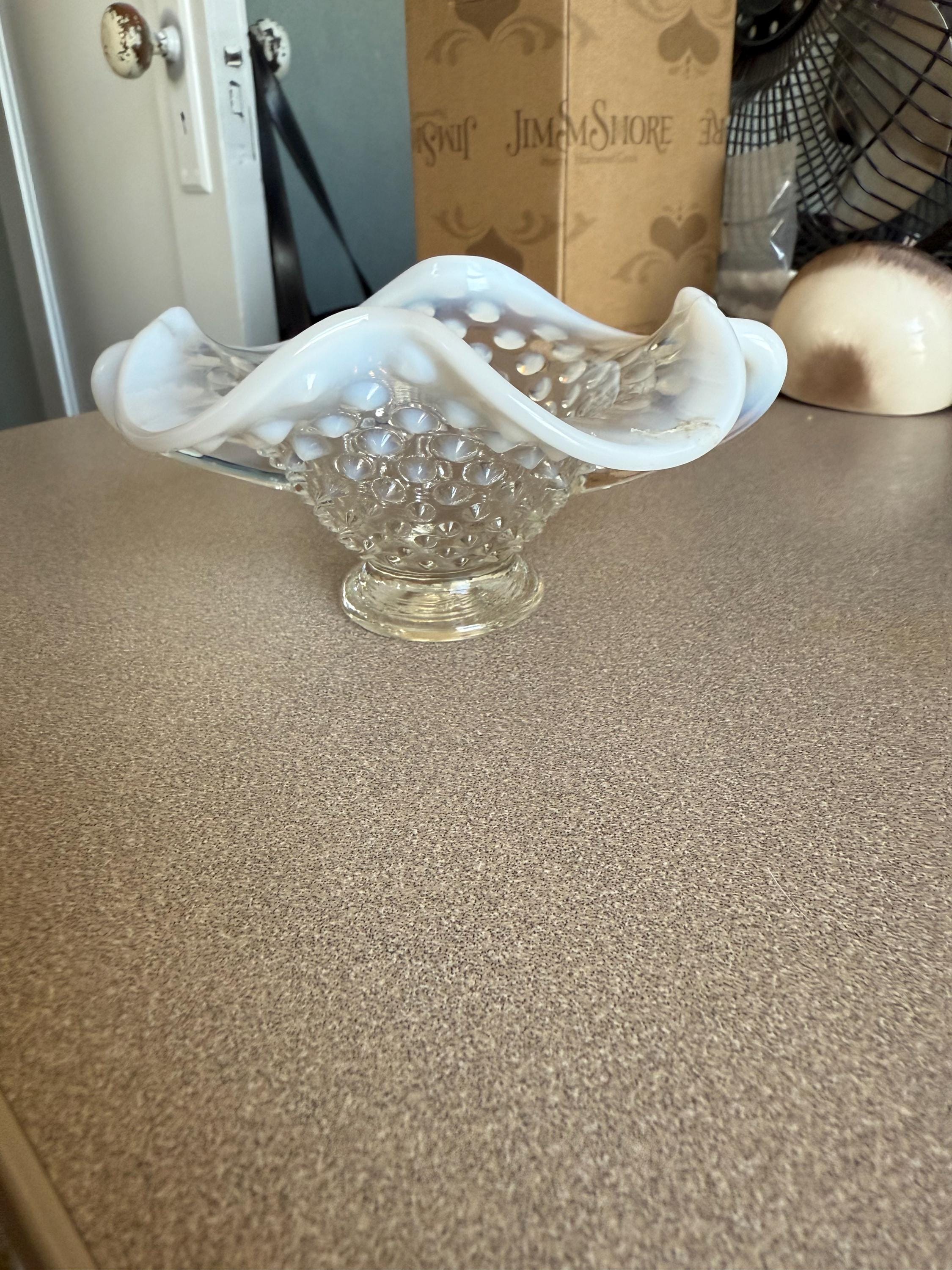 Vintage Fenton Opalescent Hobnail Double Handle Stemmed Bowl Serving Dish Great for the Holidays