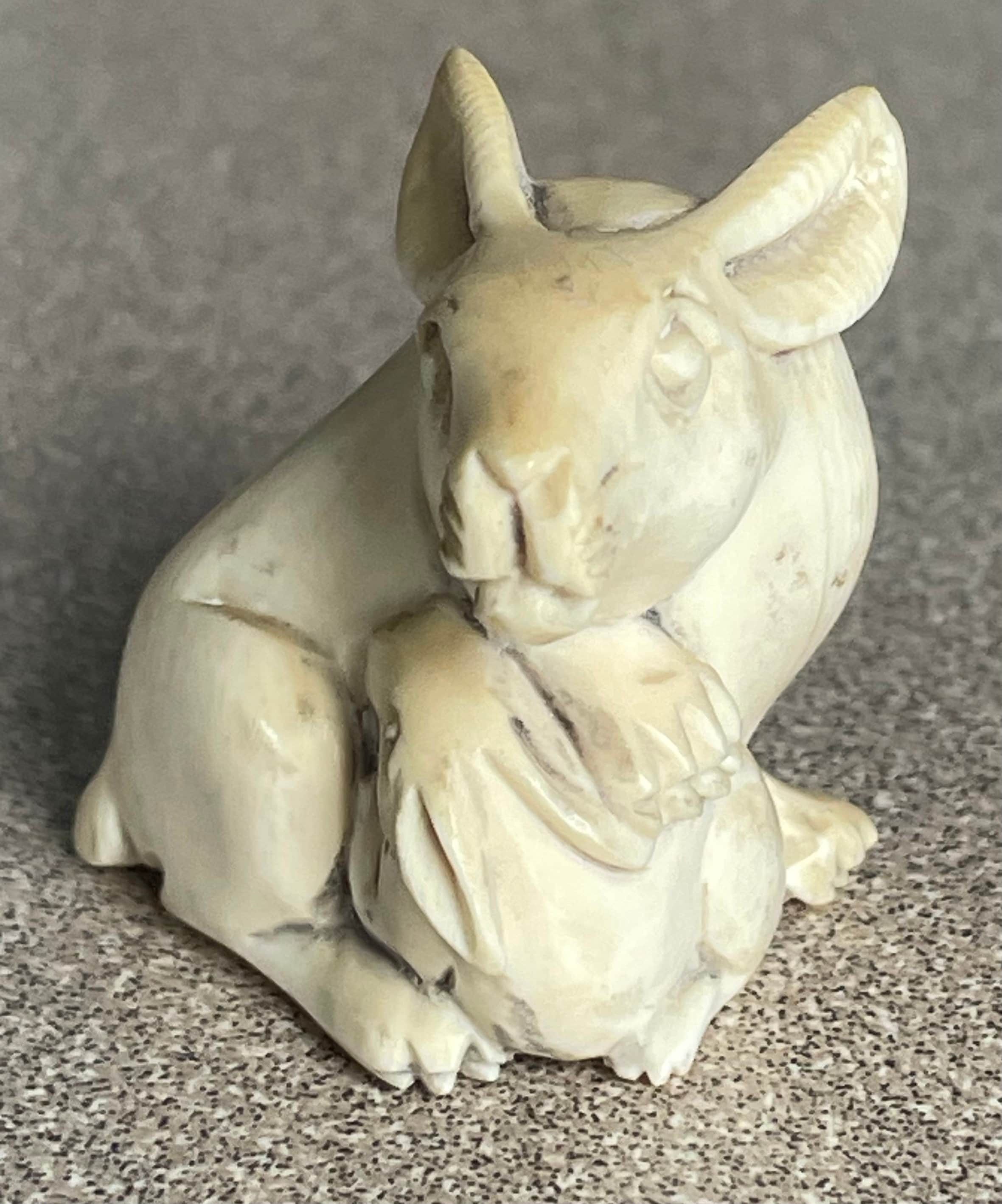 Vintage Japanese Hand Carved Antler Mother Rabbit and Baby Netsuke Artist Signed