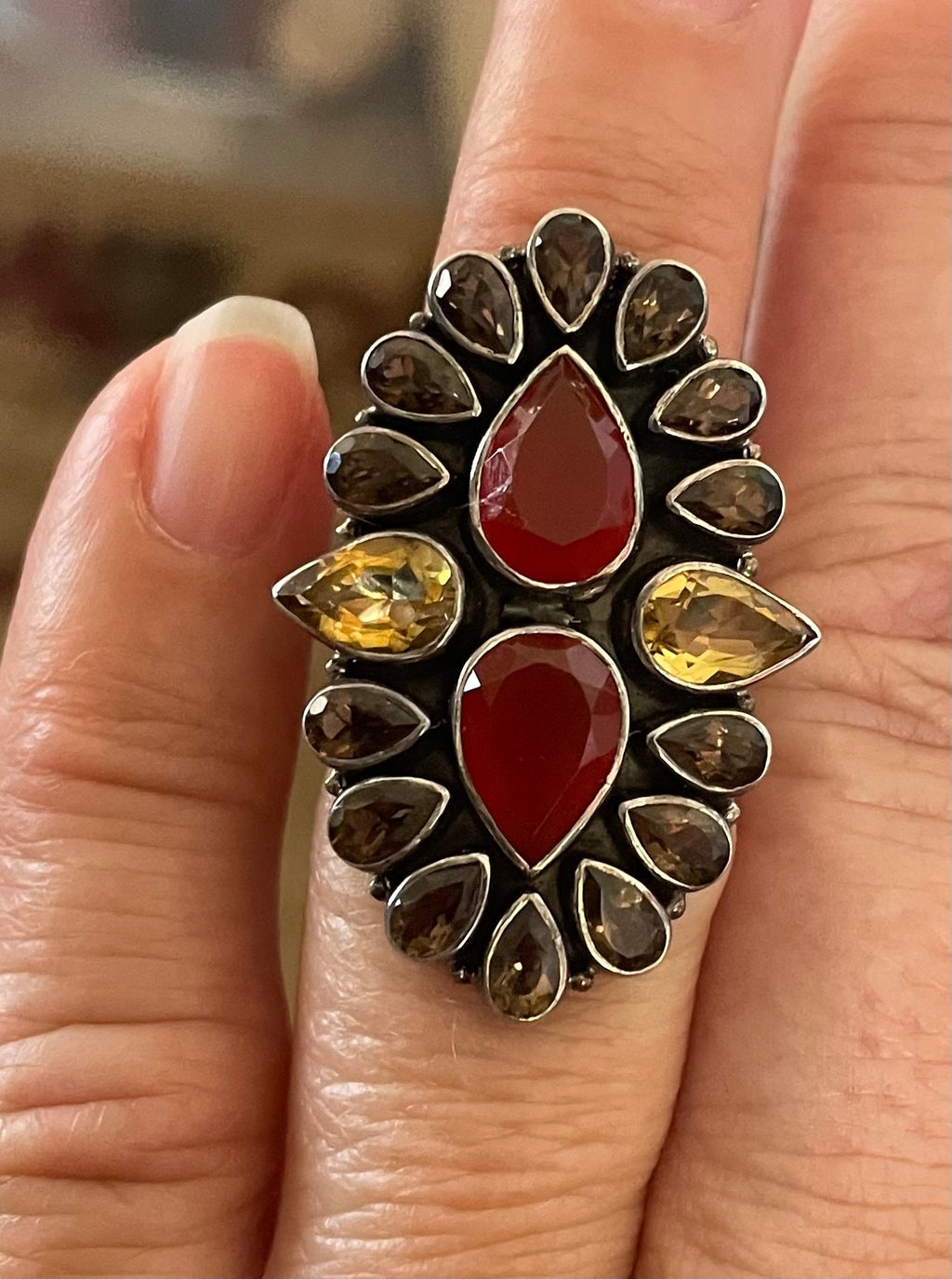 Beautiful Limited Edition Turkish Indian Ladies Multi Stone Ring Smokey Quartz Citrine Carnelian Size 6